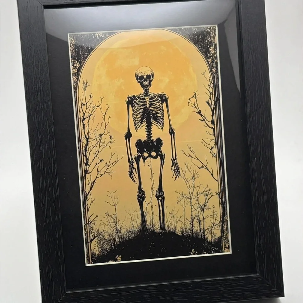 🖤 Gothic Skeleton Moon Art Print – 5x7 Framed 🌕💀 - Picture 1 of 1